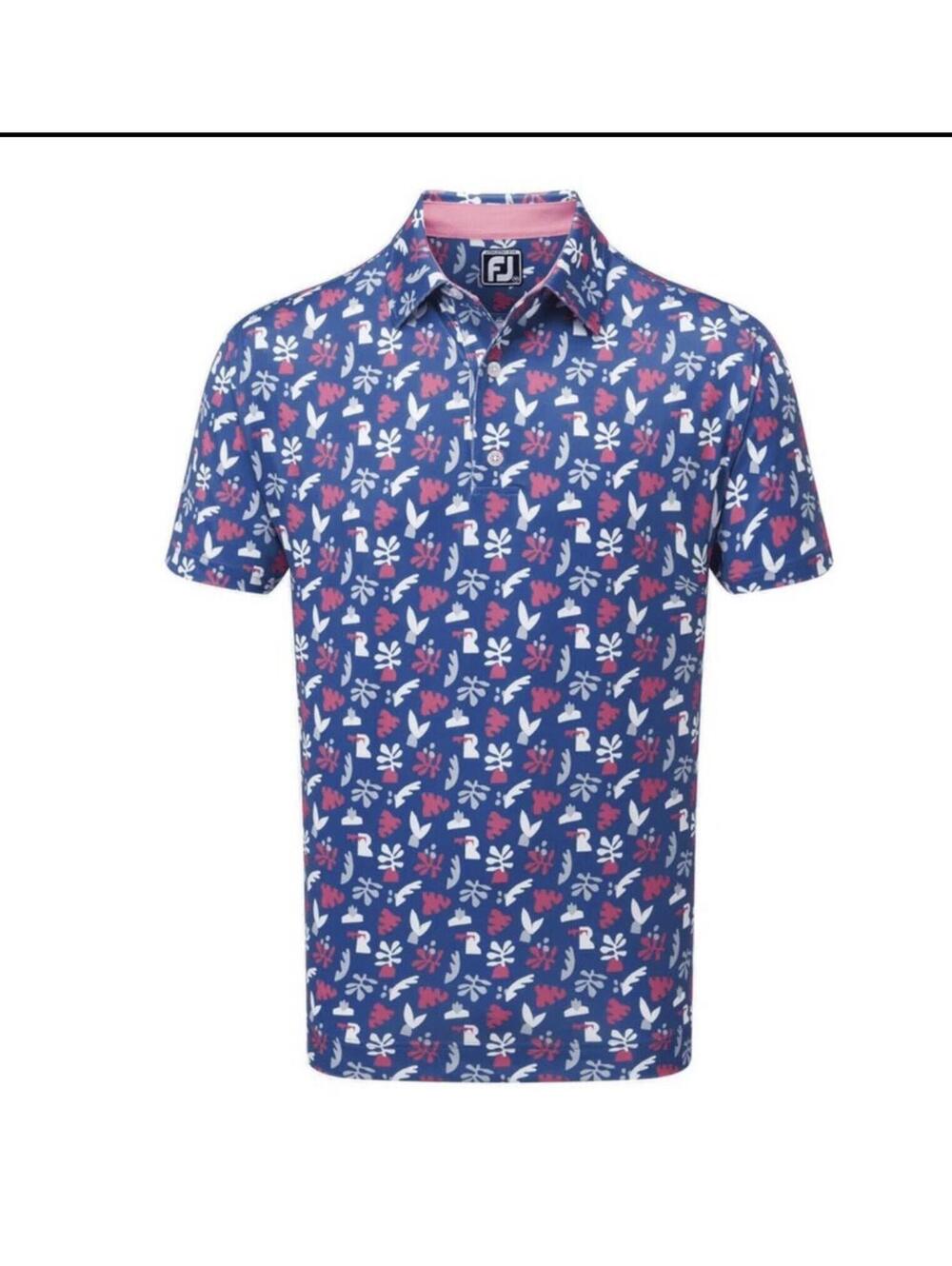New FootJoy Men's Jungle Leaves Lisle Sapphire/White/Rose/Mist Golf Polo SZ M